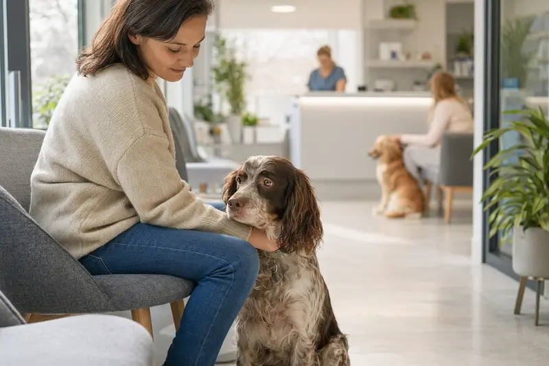 Ein Französischer Spaniel sitzt ruhig neben seinem Besitzer im hellen Wartezimmer einer Tierarztpraxis.